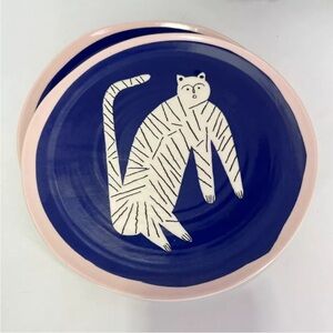 2 pc Anthropologie Dessert Side Plate Cat Folk Art Designer Marcello Velho